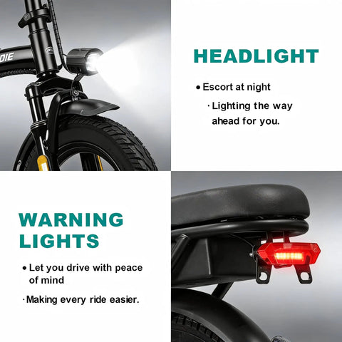 Epic Foldable Electric Bike For Adults With 750W Peak Power And 23 MPH Max, 14 Inch Compact Ebike, 48V 12Ah Battery, 35 Mile PAS Range, Ideal For Commutes And Weekend Joyrides, front headlight and rear warning light
