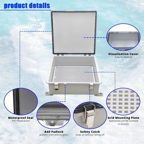 Outdoor Electrical Box Waterproof IP67 Enclosure With Clear Cover Plate And Stainless Steel Buckles ABS Plastic Weatherproof Junction Box For Exterior Use 13x13x5.1 Inches Built Tough Easy Install