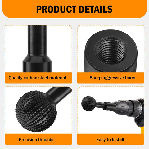Rotary Burr For Wood Carving, 5/8-11 Threaded Ball Gouge Grind Head, carbon steel material, attached to angle grinder