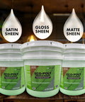 Three buckets of Eco-Poly finish and sealer showing satin, gloss, and matte sheens. Water-based polyurethane sealant.