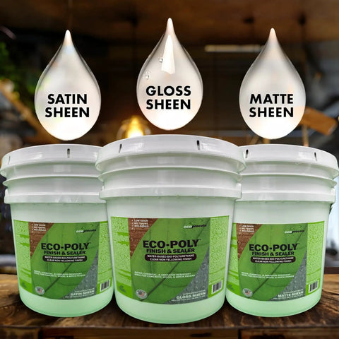 Three buckets of Eco-Poly finish and sealer showing satin, gloss, and matte sheens. Water-based polyurethane sealant.