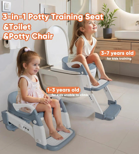 Adjustable Toddler Potty Training Seat and Foldable Toilet Trainer with Splash Guard Non Slip Steps Heavy Duty Premium Soft Removable Cushion No Mess Must Have