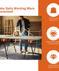 Heavy Duty Foldable Saw Horses 2 Pack Supporting 1322 Lbs With Toughened Steel Rig, man using them in a workshop.