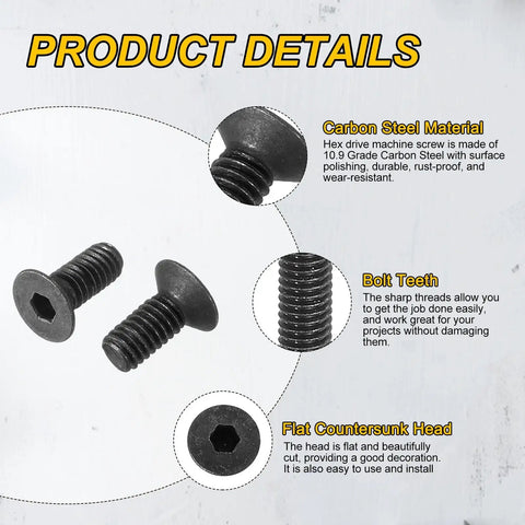 Built Tough Carbon Steel M2.5x6 Flat Head Socket Cap Screws 100 Piece Bundle Black Oxide Coated Grade 10.9 Heavy Duty Machine Bolts with hex head.