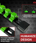 9 Piece Socket Organizer Set For 1/2, 3/8, And 1/4 Inch Drives In Green ABS Rail Holder With Heavy Duty Clip Rails, close-up view