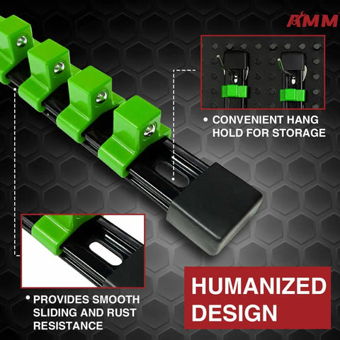 9 Piece Socket Organizer Set For 1/2, 3/8, And 1/4 Inch Drives In Green ABS Rail Holder With Heavy Duty Clip Rails, close-up view