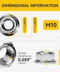 M10 Serrated Flange Hex Nuts with dimensional details 0.823" diameter, 0.386" height, and 0.059" thread, 304 stainless steel