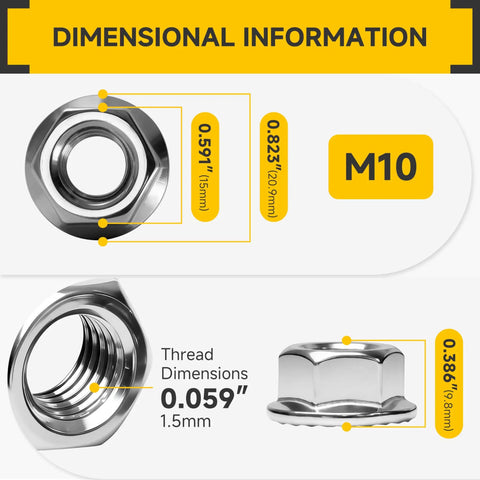 M10 Serrated Flange Hex Nuts with dimensional details 0.823" diameter, 0.386" height, and 0.059" thread, 304 stainless steel