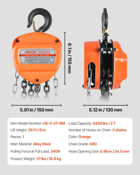 Heavy Duty Hand Chain Hoist 2 Ton Capacity 4400 Lbs With Galvanized G80 Chain 20 Foot Lift Height Manual Chain Block Orange