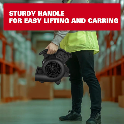 Person carrying Pro Grade 950 CFM Air Mover With 3 Speed Settings And 3 Blow Angles, sturdy handle for easy lifting