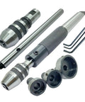 Pro 8-Piece Mt2 Lathe Tailstock Tap And Die Holder Combo Kit With Precision Morse Taper Shank, Full Tapping Set, Stop Handle, Premium Wooden Box For Serious Machinists. MT2 steel tap and die holder set with chucks, handle, and keys