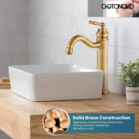 Antique Brass Bathroom Vessel Sink Faucet With Long Reach Single Handle Deck Mounted Mixer Tap For 1 Hole Installation