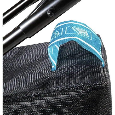 Badass 36V Brushless Cordless Self Propelled Commercial Lawn Mower handle lever and bag detail with branding and material texture.