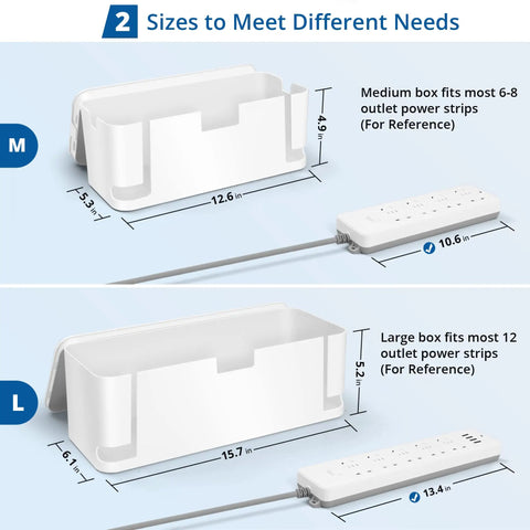 Two Pack Cable Management Box Set To Hide Power Strips On Desk Or Floor, showing large and medium size boxes with dimensions