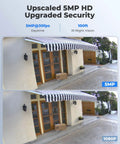 Upscaled 5MP HD outdoor security camera view, day vs 100ft IR night vision; 5MP PoE Security Camera For Home And Outdoor Use.