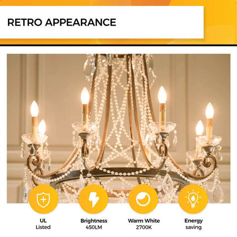E12 LED Candle Bulb Dimmable 4W 450 Lumens 2700K Soft White 90+ CRI 40W Equivalent B10 Candelabra Base UL Listed in chandelier
