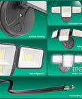Diagram detailing the 70W 7000LM LED Flood Light with 4 Adjustable Heads showing durability, water resistance, and power cable.