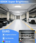 Crazy Bright 100W LED Shop Light Delivers 11000 Lumens Of Daylight 6000K installed in a parking garage, showcasing brightness and clarity.