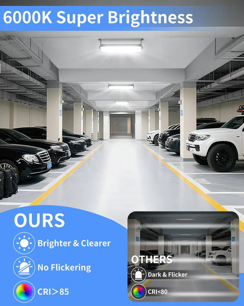 Crazy Bright 100W LED Shop Light Delivers 11000 Lumens Of Daylight 6000K installed in a parking garage, showcasing brightness and clarity.