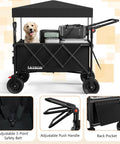 3 in 1 Collapsible Wagon With 300 Lb Weight Capacity Heavy Duty Utility Cart With Removable Canopy Big All Terrain Beach Wheels And Built In Drink Holders Foldable Outdoor Cart For Beach Garden Camping Black with dog and luggage inside.
