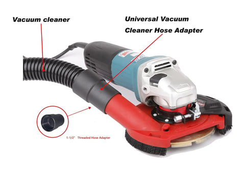 Surface Grinding Dust Shroud For 115mm To 125mm Angle Grinders, Heavy Duty Shield Fits Bosch Makita Ryobi DeWalt Milwaukee And More, Includes Diamond Cup Wheel shown with vacuum adapter