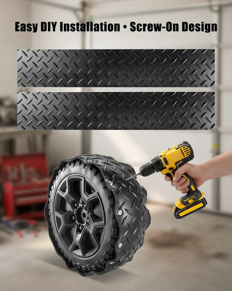 Power Wheels Rubber Tire Upgrade Kit 2 Pack being installed with a drill showing anti-slip rubber design for kids ride-on cars.