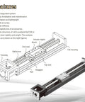 High Precision Single Axis Linear Stage With Beefy Steel Base And Tight 0.01mm Repeatability For Smooth CNC Machining and 3D Printing Includes Plug And Play 100W Servo Drive Kit parts and features labeled.