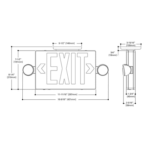 Diagram of Emergency APC7R Combo Unit LED Exit Sign with Dual Lights Red Letters for Safer Hallways in Damp Locations.