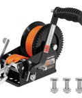 3500 Lb Heavy Duty Boat Trailer Winch With 33 Ft Polyester Strap, Dual Speed 4 To 1 And 8 To 1 Gear Ratios, Two Way Ratchet, Easy Load And Haul For Boats, black hand winch with orange strap and mounting bolts