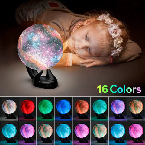 Child admiring 7.1 Inch Galaxy Moon Lamp 3D Printed Moon With NASA Imagery, 16 Color Changes, Remote Or Touch Control, USB Rechargeable, Black Hand Base