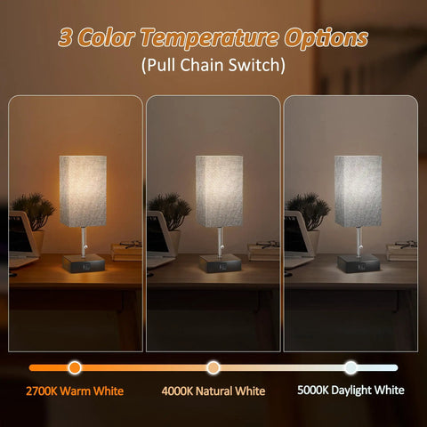 Gray Bedside Table Lamp With USB C And USB A Ports Three Color Temperature Settings showing 2700K, 4000K, and 5000K light options
