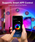 Hand holding smartphone with app controlling 6.56ft RGB LED Backlight Strip For 24-30 Inch TVs, ambient lighting, living room.
