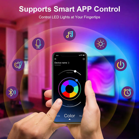 Hand holding smartphone with app controlling 6.56ft RGB LED Backlight Strip For 24-30 Inch TVs, ambient lighting, living room.
