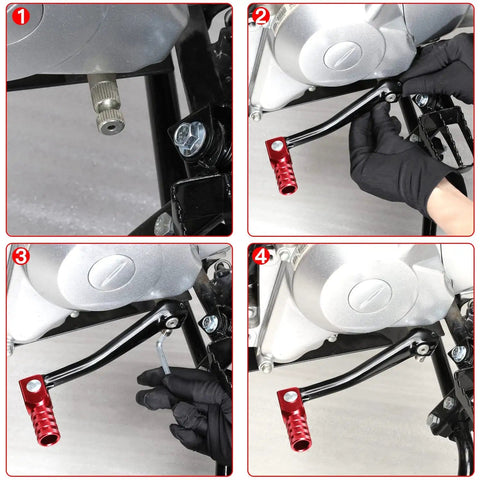 Installation of CNC Aluminum Folding Gear Shift Lever for 50cc to 160cc Pit Bikes, showing adjustable angle and fuel hoses