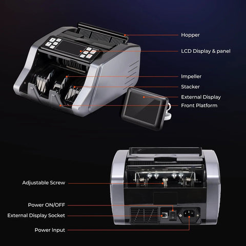 Fast Cash Counter With Value Count And UV MG IR MT Counterfeit Detection, 1000 Bills Per Minute, gray components labeled