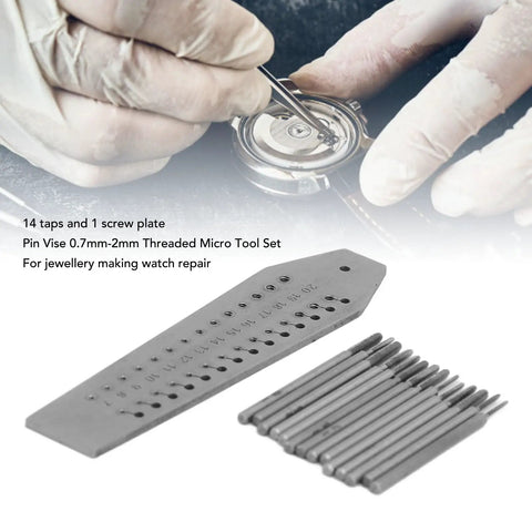 Pro Grade Miniature Tap And Die Set 14 Piece Watch Repair Tool Kit with screw plate and taps for 0.7 to 2 mm threads.