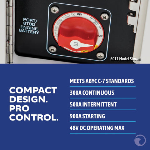 Front view of On Off Battery Switch With Knob Black M Series 6006200 for boats and RVs, showing performance specs.