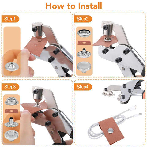 Heavy Duty Snap Fastener Tool Kit With 100 Pairs Of 15mm Stainless Steel Snaps For Fabric And Leather Sewing DIY Crafts Orange Pliers Set With 3 Replacement Heads And Storage Box installation steps