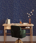 Navy Blue And Metallic Gold Constellations Removable Peel And Stick Wallpaper For DIY Home Decor, desk and chair setting