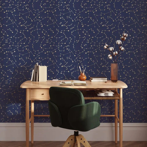 Navy Blue And Metallic Gold Constellations Removable Peel And Stick Wallpaper For DIY Home Decor, desk and chair setting