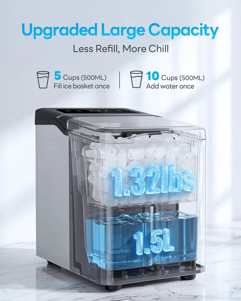 Top Tier Countertop Ice Maker Chilling Drinks On The Fly With Dual Size Bullet Ice Producing Over Twenty Six Pounds Daily Featuring Fast Six Minute Release And No Sweat Self Cleaning Care showing large capacity ice basket and water tank.
