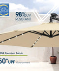 10ft Solar LED Offset Patio Umbrella With Cantilever Design Beige Shade 32 LED Lights shown with UV resistance features