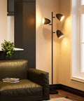 Three 9W LED Bulbs Included Floor Lamp With 3 Adjustable Rotating Heads, Tall Standing Pole Lamp in living room, satin nickel finish.