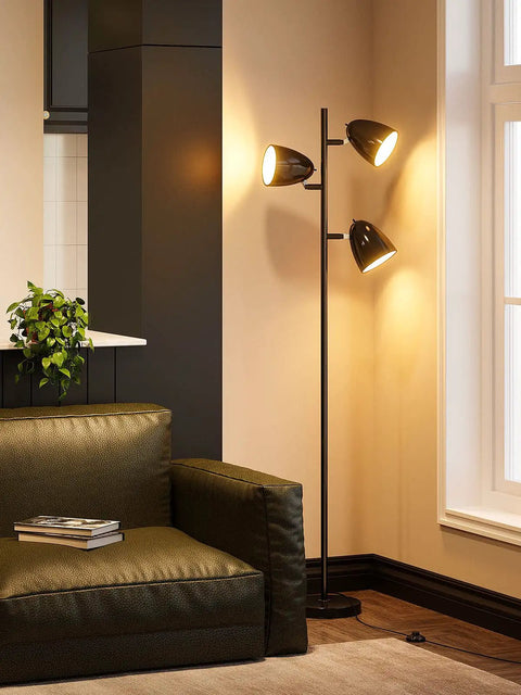 Three 9W LED Bulbs Included Floor Lamp With 3 Adjustable Rotating Heads, Tall Standing Pole Lamp in living room, satin nickel finish.