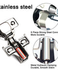 Close-up of 8 Pack One Half Inch Overlay Soft Close Cabinet Hinges for kitchen cabinets with stainless steel finish, showing components.