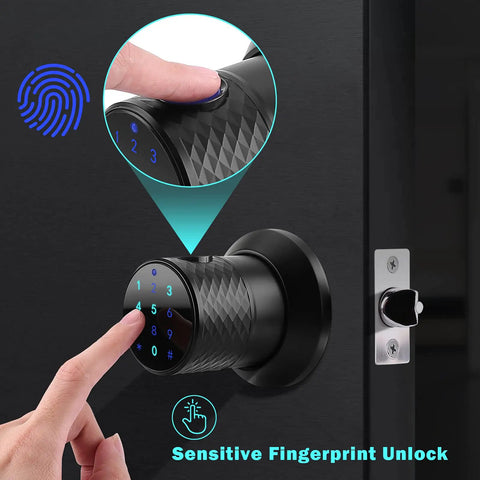 Smart Fingerprint Door Knob With Tuya App Control 4 In 1 Unlock Fingerprint, Password, Mechanical Key, And Bluetooth App Access, Supports Up To 255 Users, Anti Slip Handle For Bedroom, Home, Hotel Or Office