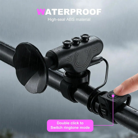 120dB Waterproof Bike Horn With 300mAh Rechargeable Battery installed on handlebar in rain, showing button control.