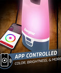Smart Multi Color LED Lantern 1200 Lumen Rechargeable Camping Light For Indoor And Outdoor Use With USB App Control, shown with smartphone app for adjusting color and brightness on a wooden surface.
