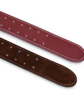 Top view of maroon heavy duty leather work belt strap with padded mesh comfort and adjustable fit tool belt for carpenters.