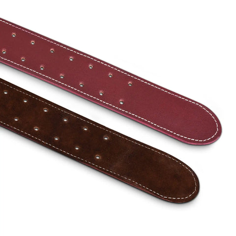 Top view of maroon heavy duty leather work belt strap with padded mesh comfort and adjustable fit tool belt for carpenters.